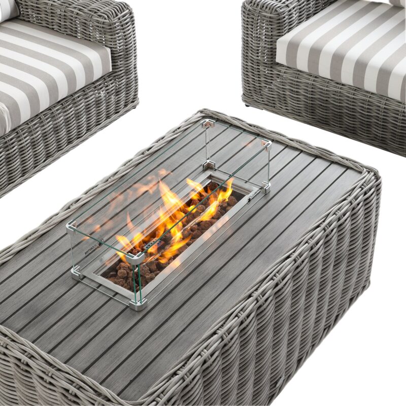 Bellagio Round Wicker Sofa Set with Firepit Coffee Table, Light Grey with Taupe Stripe - Image 7