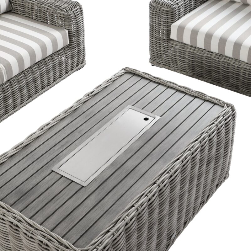 Bellagio Round Wicker Sofa Set with Firepit Coffee Table, Light Grey with Taupe Stripe - Image 8