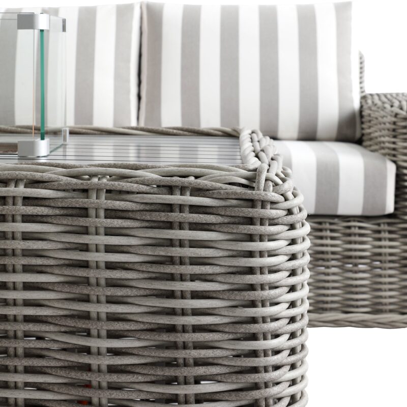 Bellagio Round Wicker Sofa Set with Firepit Coffee Table, Light Grey with Taupe Stripe - Image 9