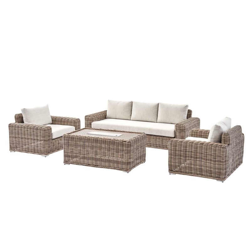 Bellagio Round Wicker Sofa Set with Firepit Coffee Table, Natural - Image 3