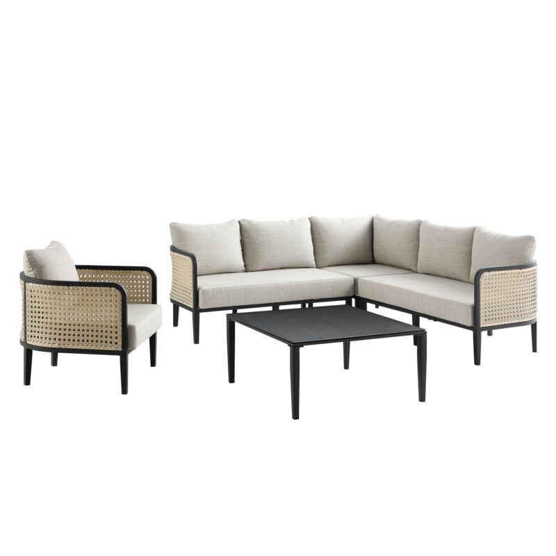 Pienza Outdoor Rattan Corner Sofa Set, Oatmeal Fabric with Black Frame - Image 10