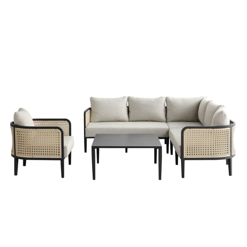 Pienza Outdoor Rattan Corner Sofa Set, Oatmeal Fabric with Black Frame - Image 11