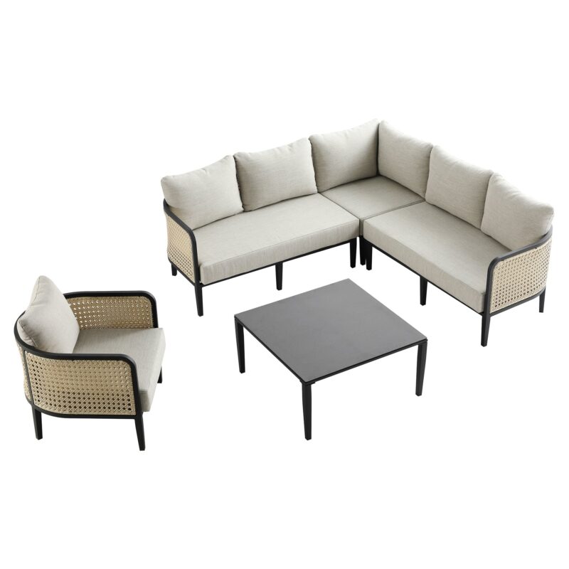Pienza Outdoor Rattan Corner Sofa Set, Oatmeal Fabric with Black Frame - Image 13