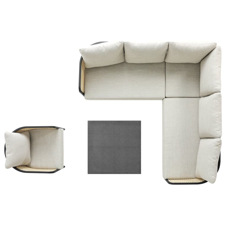Pienza Outdoor Rattan Corner Sofa Set, Oatmeal Fabric with Black Frame - Image 14