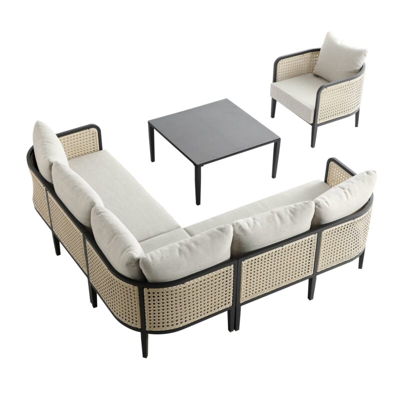 Pienza Outdoor Rattan Corner Sofa Set, Oatmeal Fabric with Black Frame - Image 15
