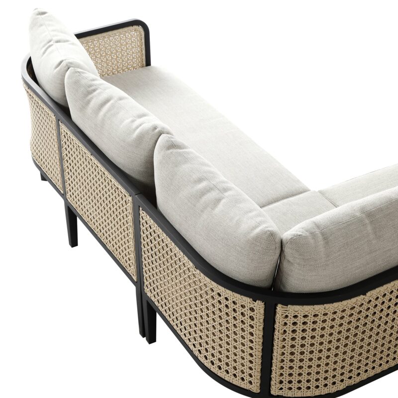 Pienza Outdoor Rattan Corner Sofa Set, Oatmeal Fabric with Black Frame - Image 19