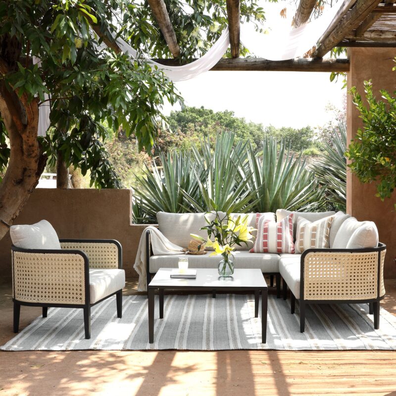 Pienza Outdoor Rattan Corner Sofa Set, Oatmeal Fabric with Black Frame - Image 2