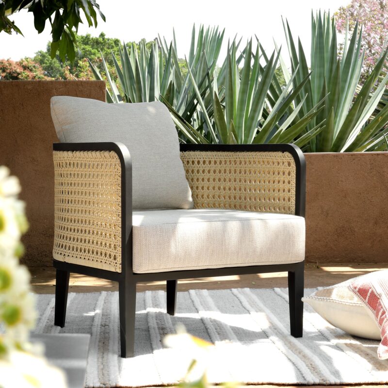 Pienza Outdoor Rattan Corner Sofa Set, Oatmeal Fabric with Black Frame - Image 5