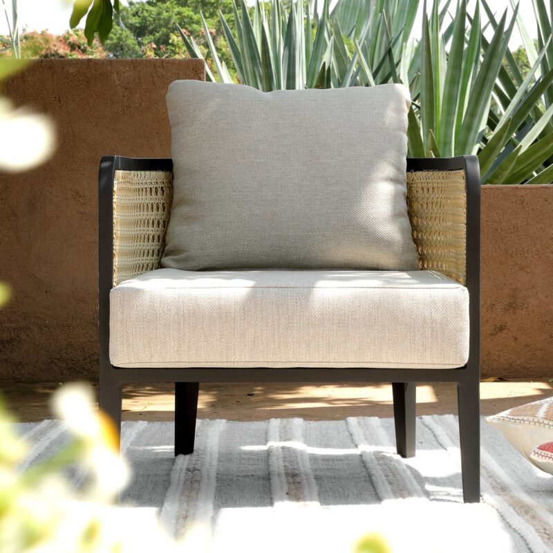Pienza Outdoor Rattan Corner Sofa Set, Oatmeal Fabric with Black Frame - Image 6