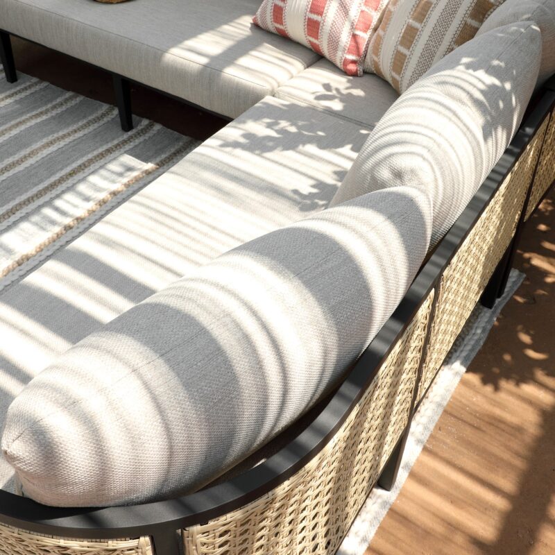Pienza Outdoor Rattan Corner Sofa Set, Oatmeal Fabric with Black Frame - Image 7