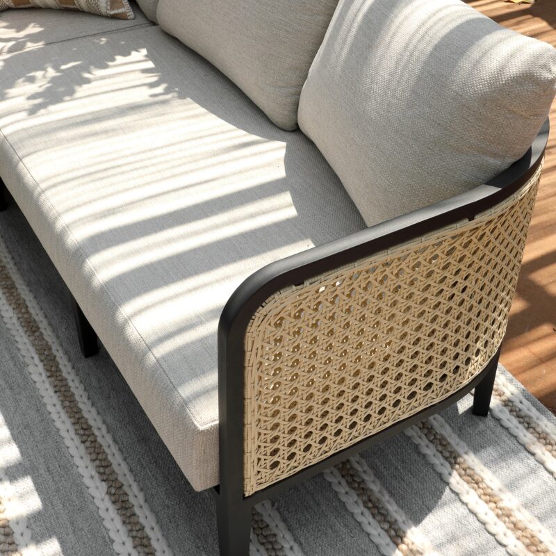 Pienza Outdoor Rattan Corner Sofa Set, Oatmeal Fabric with Black Frame - Image 8