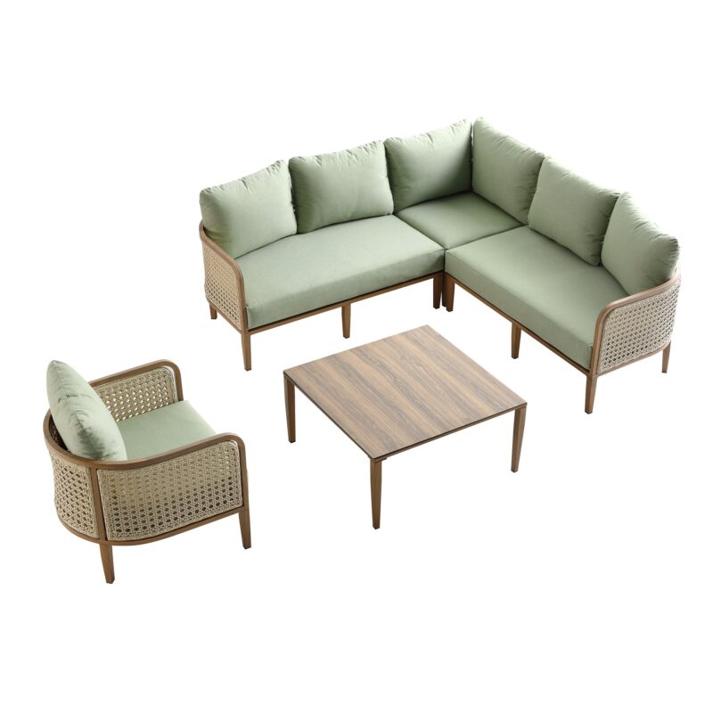 Pienza Outdoor Rattan Corner Sofa Set, Sage Green Fabric with Light Walnut Frame - Image 2