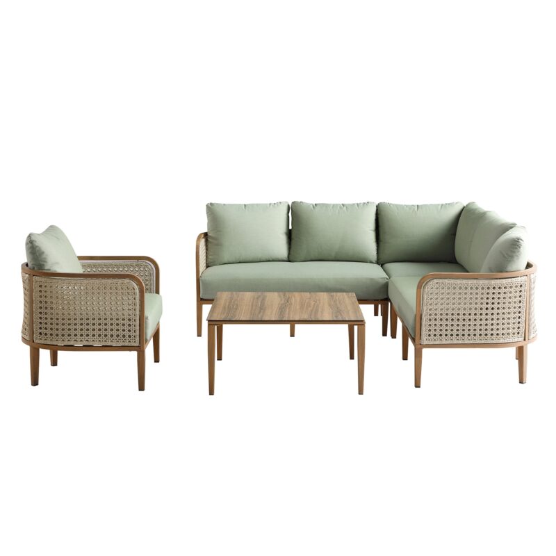 Pienza Outdoor Rattan Corner Sofa Set, Sage Green Fabric with Light Walnut Frame - Image 3