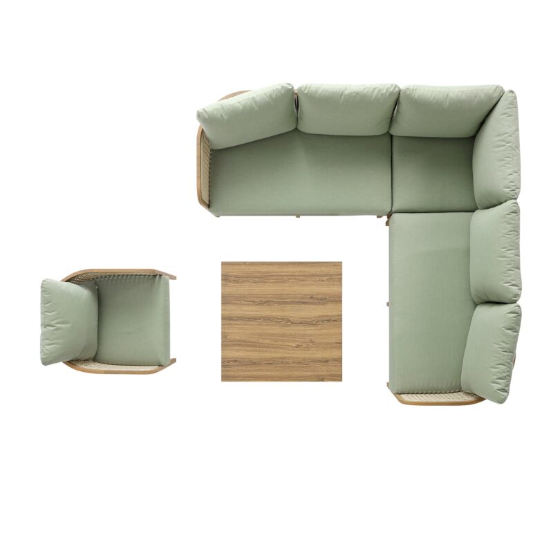 Pienza Outdoor Rattan Corner Sofa Set, Sage Green Fabric with Light Walnut Frame - Image 5