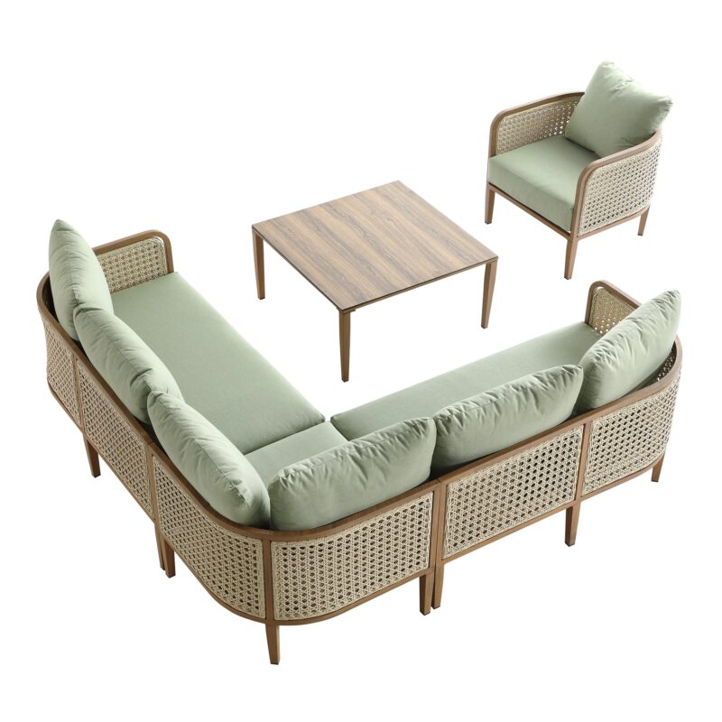 Pienza Outdoor Rattan Corner Sofa Set, Sage Green Fabric with Light Walnut Frame - Image 6
