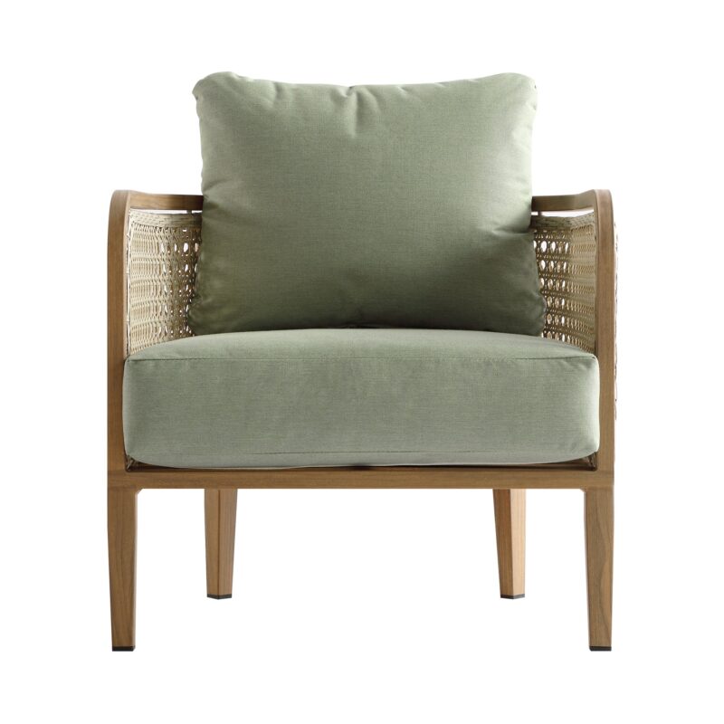 Pienza Outdoor Rattan Corner Sofa Set, Sage Green Fabric with Light Walnut Frame - Image 7