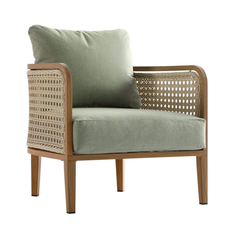 Pienza Outdoor Rattan Corner Sofa Set, Sage Green Fabric with Light Walnut Frame - Image 8