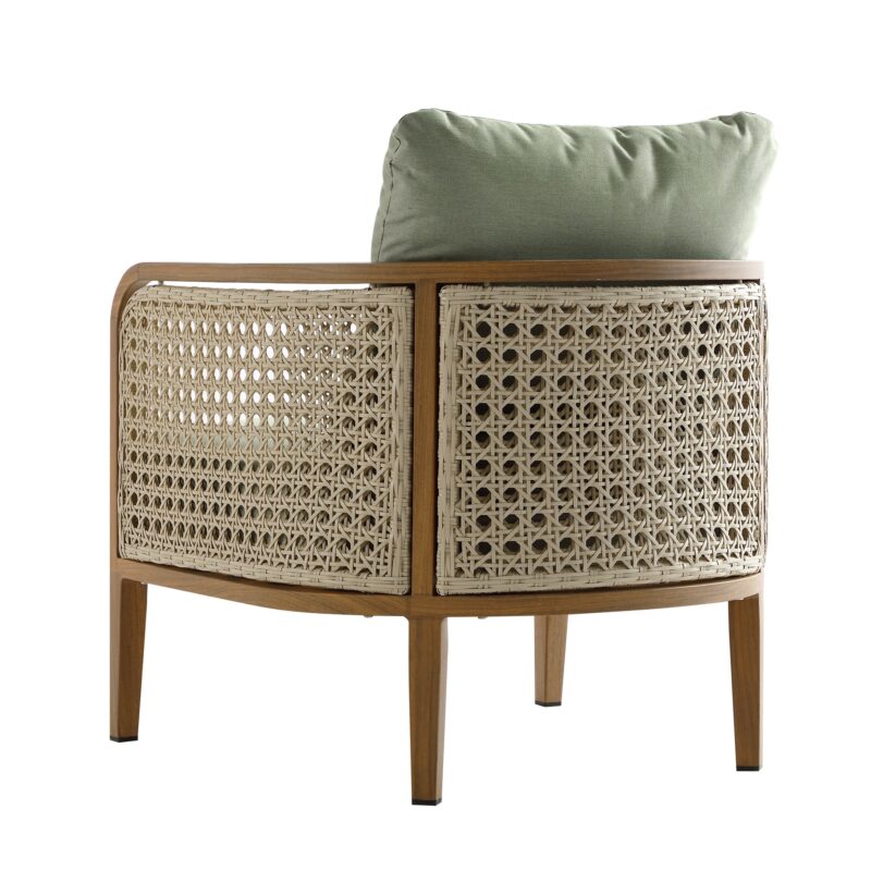 Pienza Outdoor Rattan Corner Sofa Set, Sage Green Fabric with Light Walnut Frame - Image 9