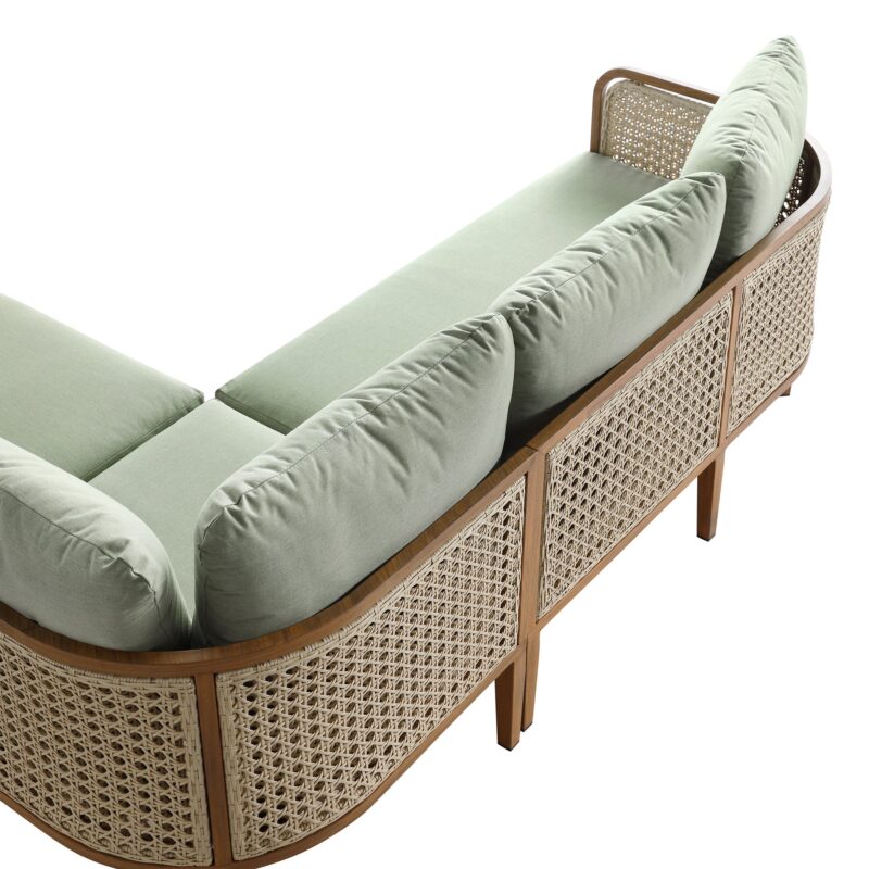 Pienza Outdoor Rattan Corner Sofa Set, Sage Green Fabric with Light Walnut Frame - Image 10