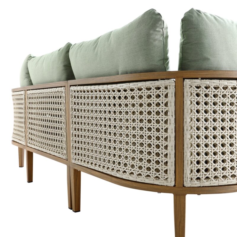 Pienza Outdoor Rattan Corner Sofa Set, Sage Green Fabric with Light Walnut Frame - Image 11