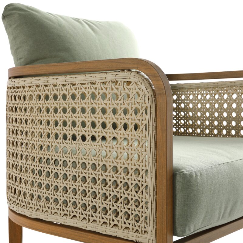 Pienza Outdoor Rattan Corner Sofa Set, Sage Green Fabric with Light Walnut Frame - Image 12