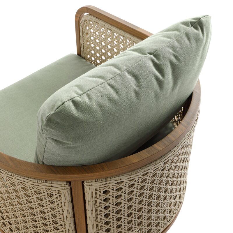 Pienza Outdoor Rattan Corner Sofa Set, Sage Green Fabric with Light Walnut Frame - Image 13