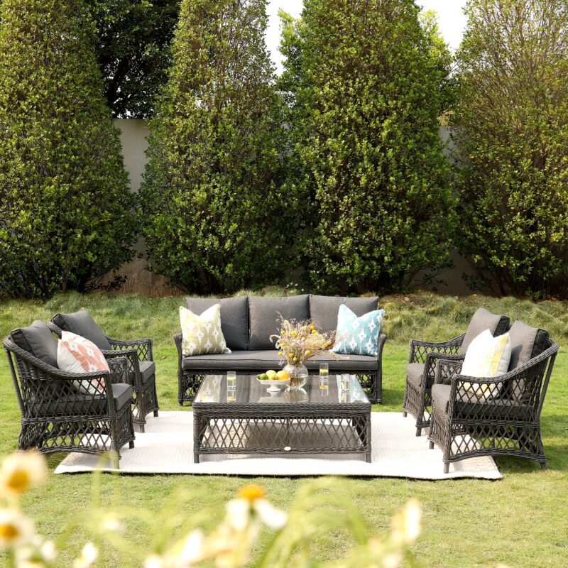 Willowbrook Lattice Weave Rattan 7-Seater Large Sofa Set, Dark Grey - Image 2