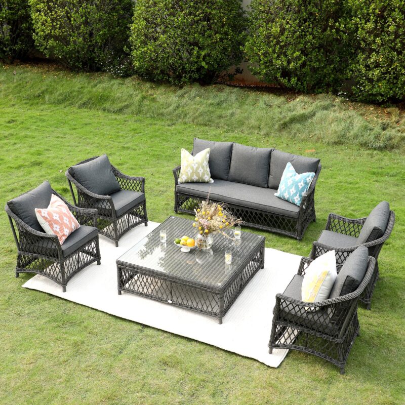 Willowbrook Lattice Weave Rattan 7-Seater Large Sofa Set, Dark Grey - Image 3