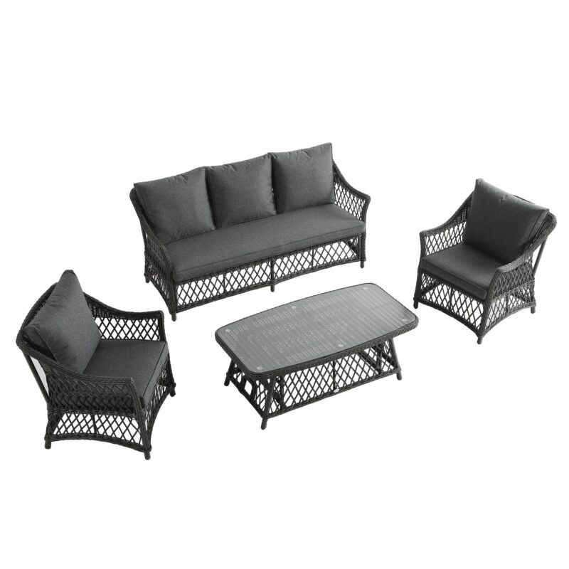 Willowbrook Lattice Weave Rattan 5-Seater Sofa Set with Rising Table, Dark Grey - Image 6