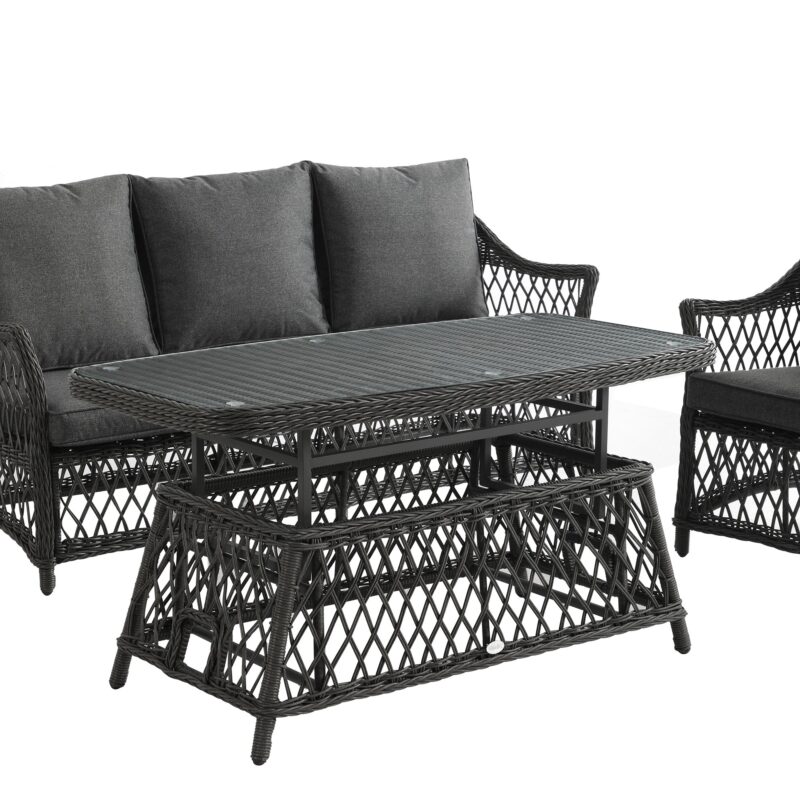 Willowbrook Lattice Weave Rattan 5-Seater Sofa Set with Rising Table, Dark Grey - Image 11