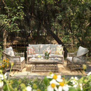 Willowbrook Lattice Weave Rattan 5-Seater Sofa Set with Rising Table, Natural