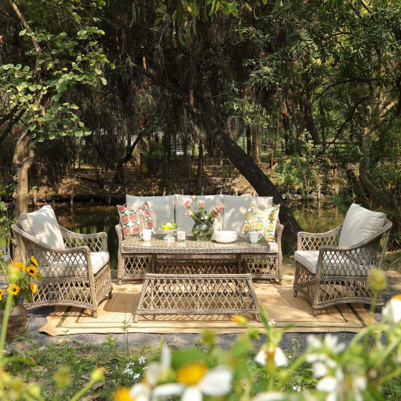 Willowbrook Lattice Weave Rattan 5-Seater Sofa Set with Rising Table, Natural - Image 2