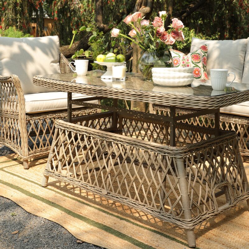 Willowbrook Lattice Weave Rattan 5-Seater Sofa Set with Rising Table, Natural - Image 11