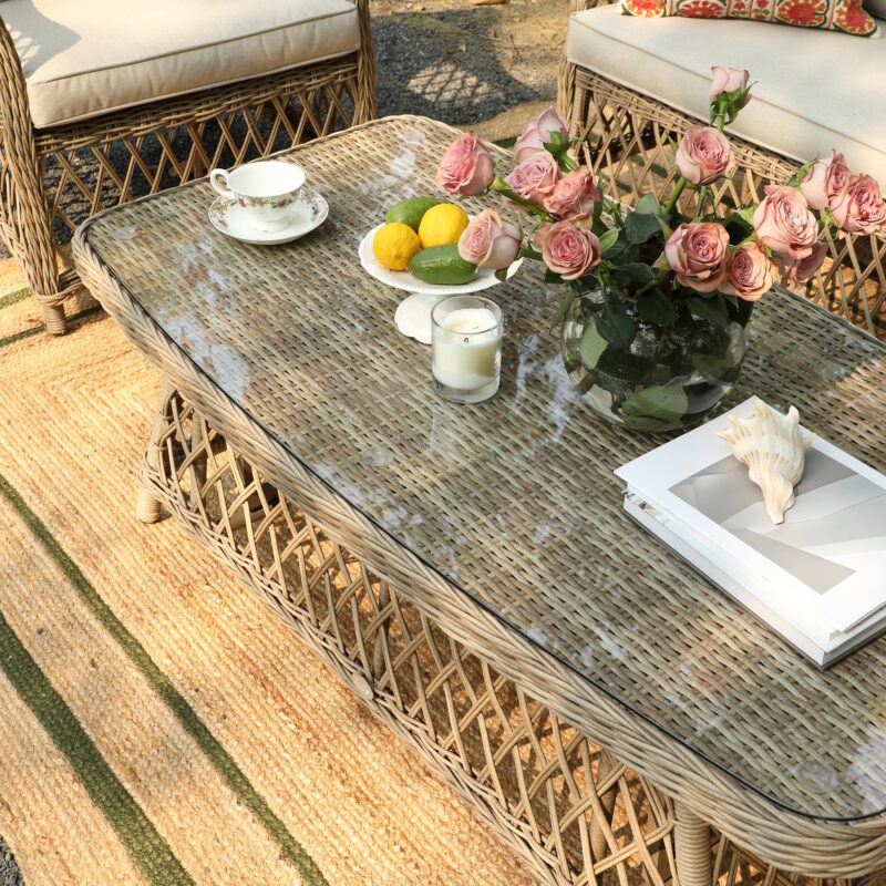 Willowbrook Lattice Weave Rattan 5-Seater Sofa Set with Rising Table, Natural - Image 13