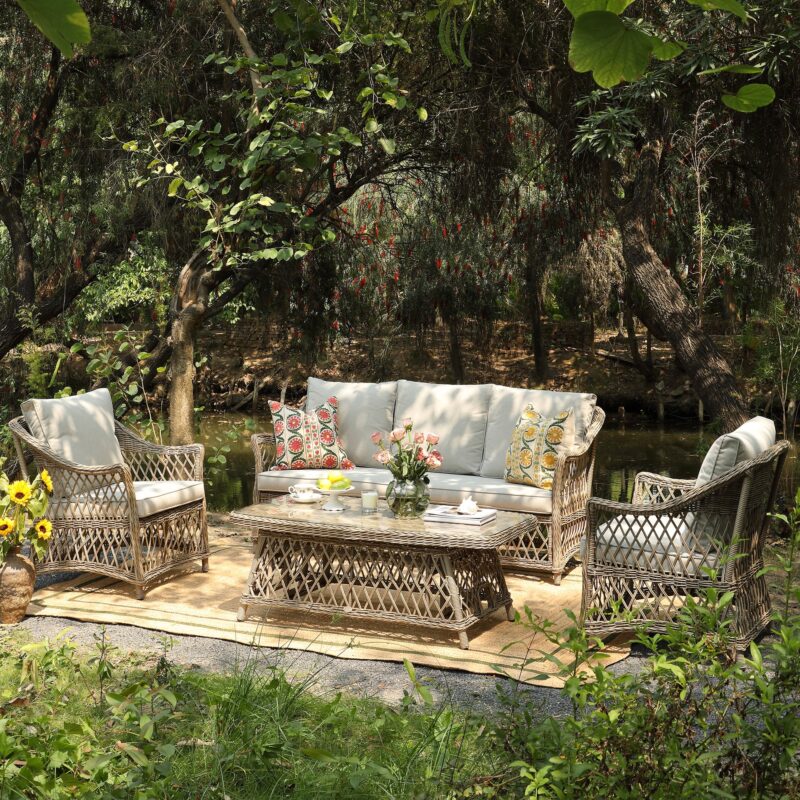 Willowbrook Lattice Weave Rattan 5-Seater Sofa Set with Rising Table, Natural - Image 3