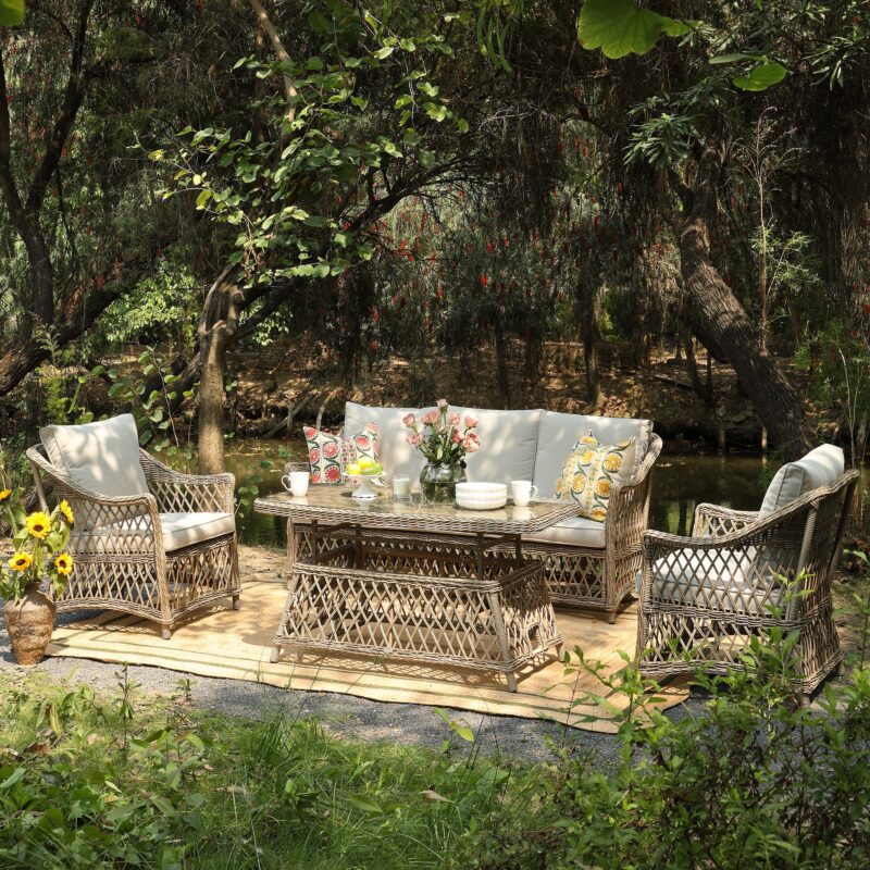 Willowbrook Lattice Weave Rattan 5-Seater Sofa Set with Rising Table, Natural - Image 4