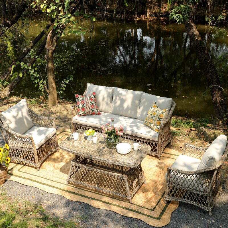 Willowbrook Lattice Weave Rattan 5-Seater Sofa Set with Rising Table, Natural - Image 5