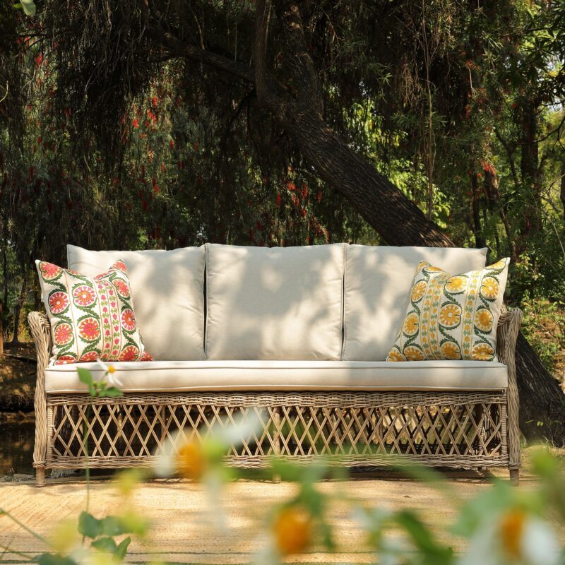 Willowbrook Lattice Weave Rattan 5-Seater Sofa Set with Rising Table, Natural - Image 6