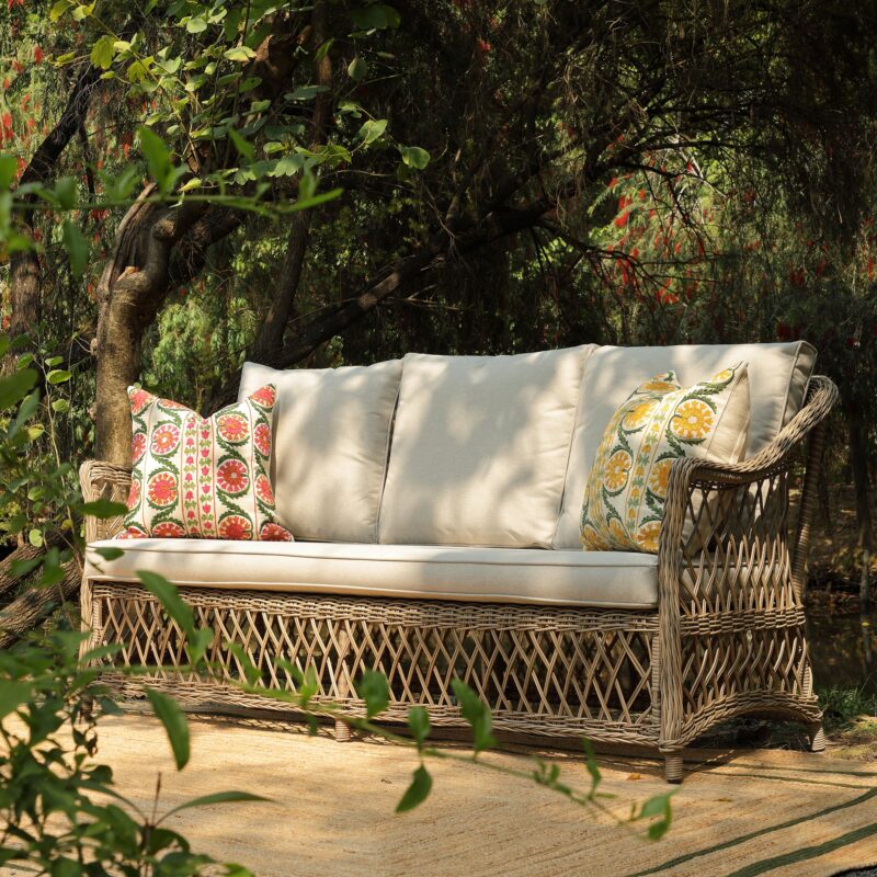 Willowbrook Lattice Weave Rattan 5-Seater Sofa Set with Rising Table, Natural - Image 7