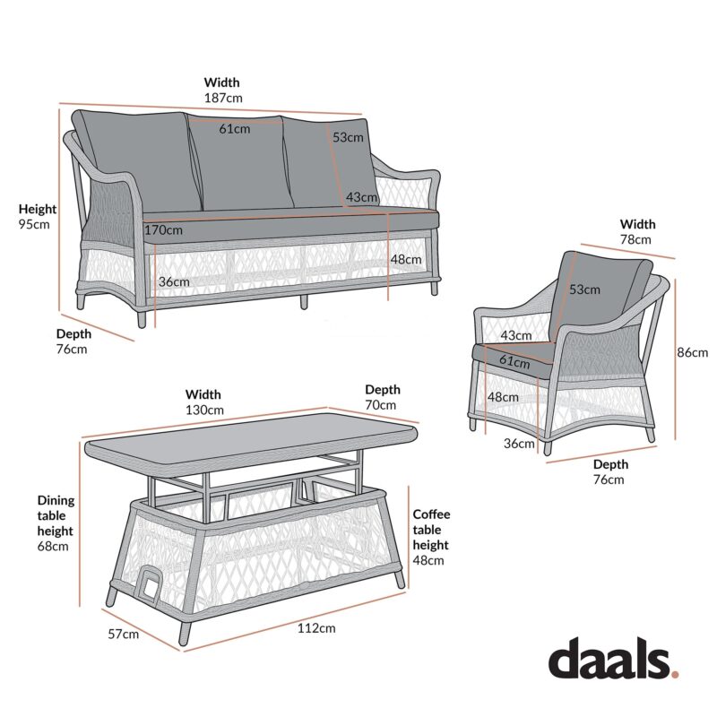 Willowbrook Lattice Weave Rattan 5-Seater Sofa Set with Rising Table, Dark Grey - Image 4