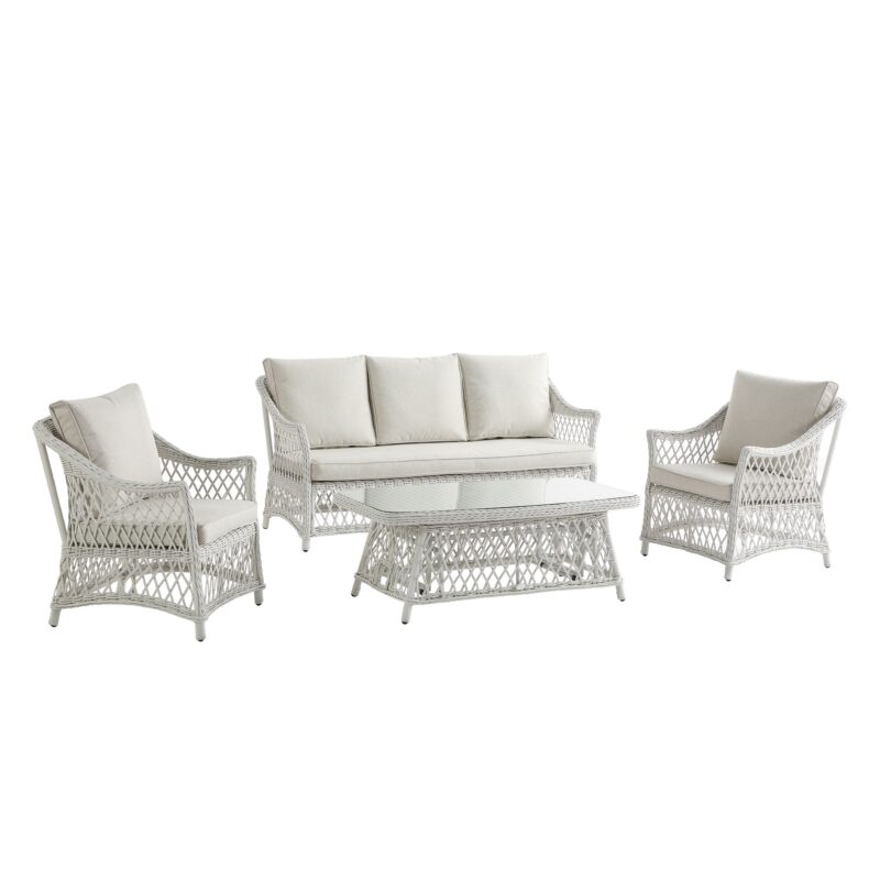Willowbrook Lattice Weave Rattan 5-Seater Sofa Set with Rising Table, White - Image 20