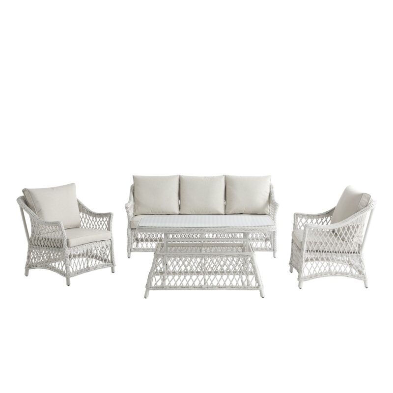Willowbrook Lattice Weave Rattan 5-Seater Sofa Set with Rising Table, White - Image 21