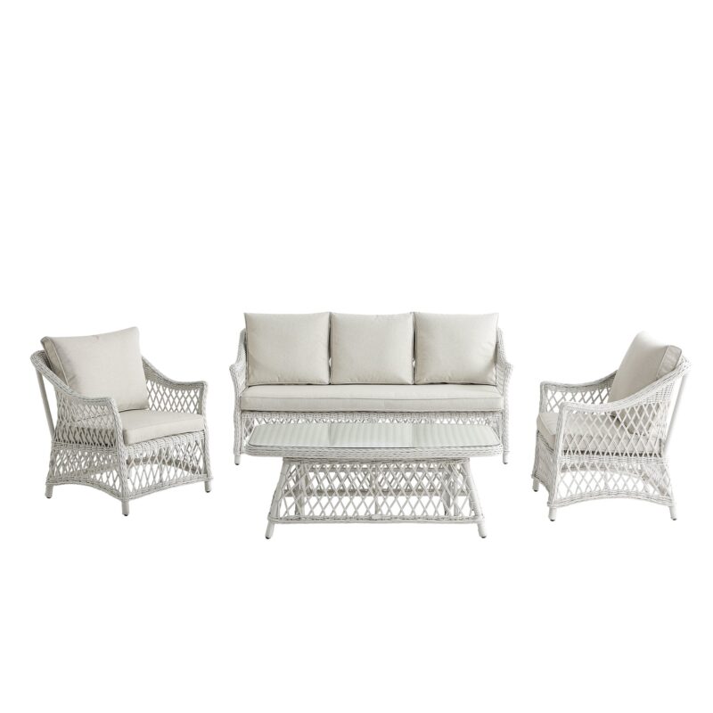 Willowbrook Lattice Weave Rattan 5-Seater Sofa Set with Rising Table, White - Image 22