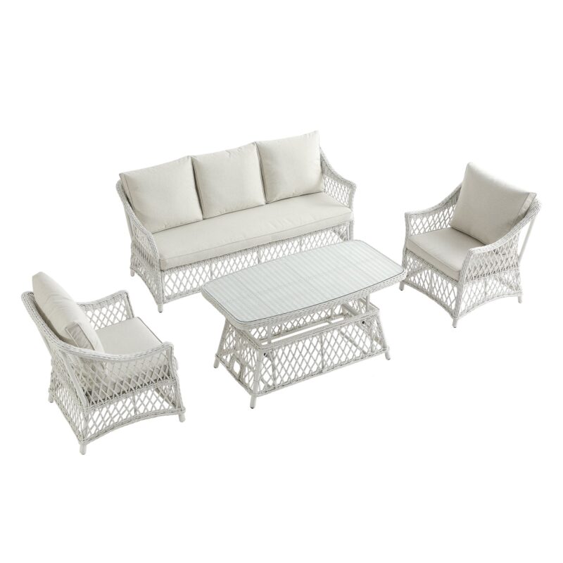 Willowbrook Lattice Weave Rattan 5-Seater Sofa Set with Rising Table, White - Image 23
