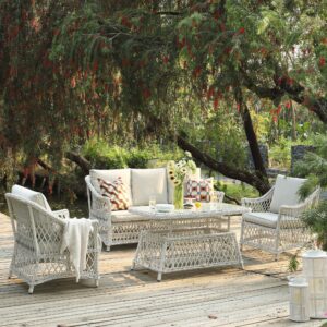 Willowbrook Lattice Weave Rattan 5-Seater Sofa Set with Rising Table, White