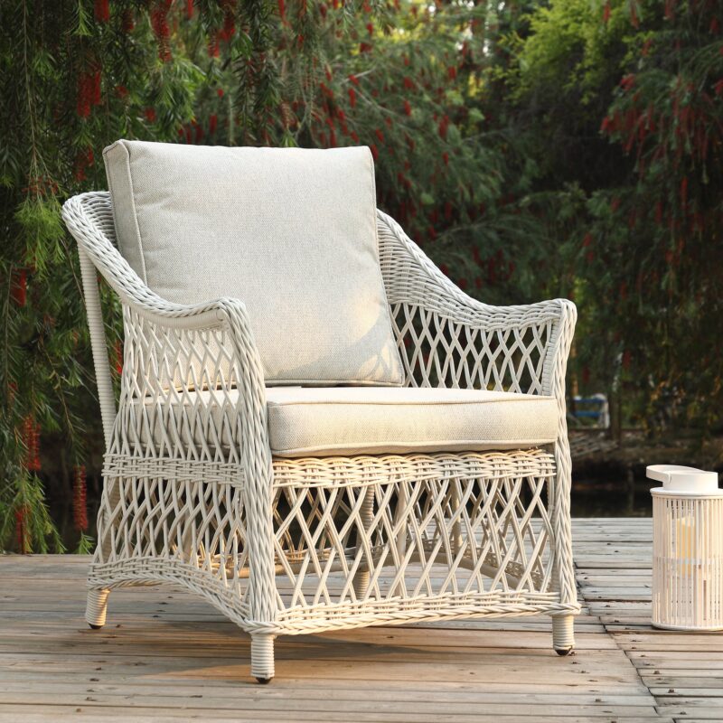 Willowbrook Lattice Weave Rattan 5-Seater Sofa Set with Rising Table, White - Image 12