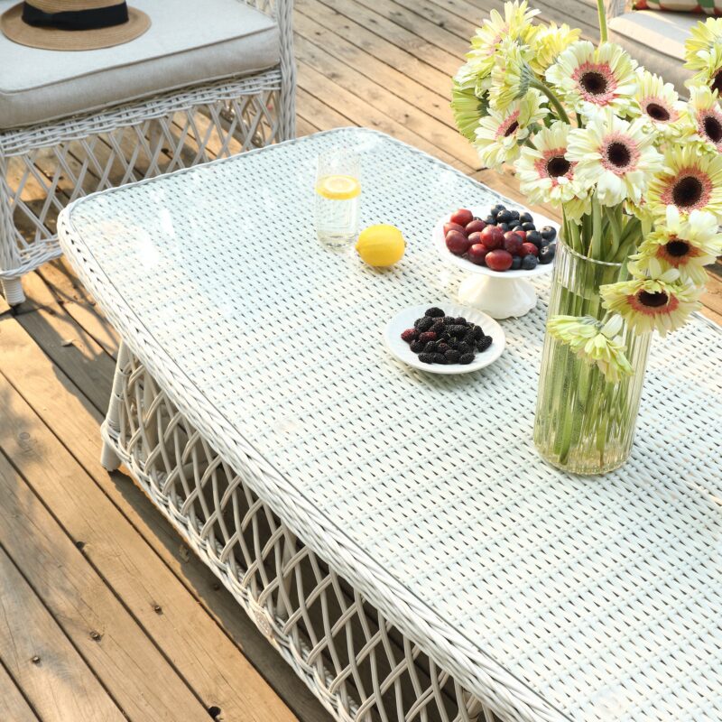 Willowbrook Lattice Weave Rattan 5-Seater Sofa Set with Rising Table, White - Image 16