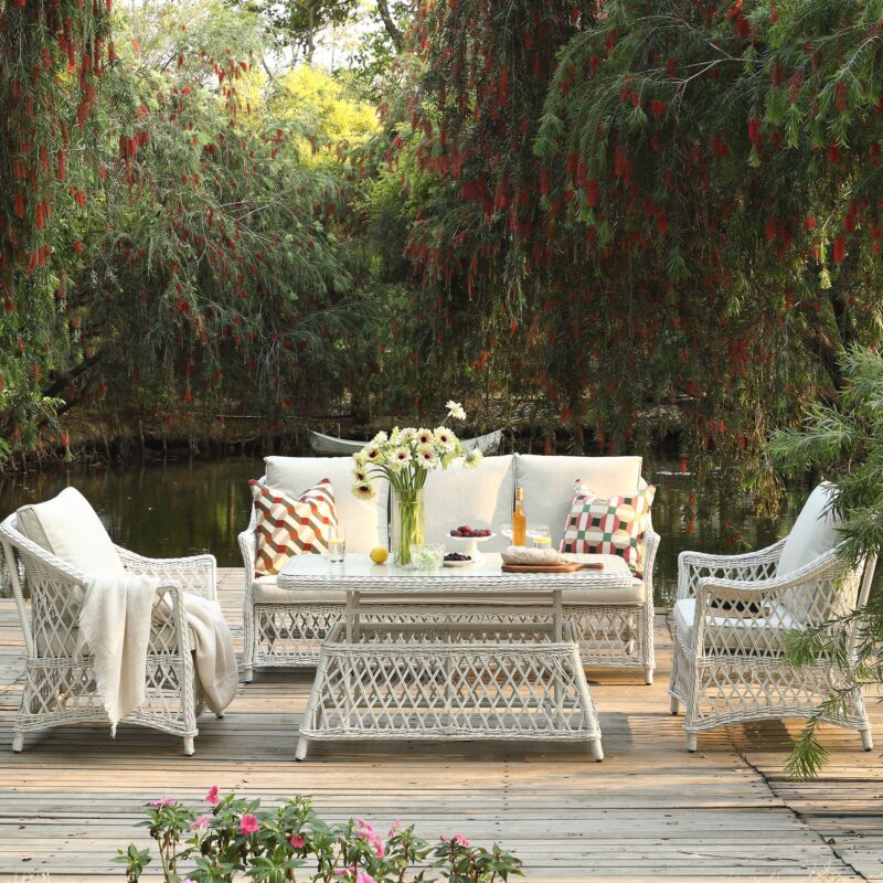 Willowbrook Lattice Weave Rattan 5-Seater Sofa Set with Rising Table, White - Image 3