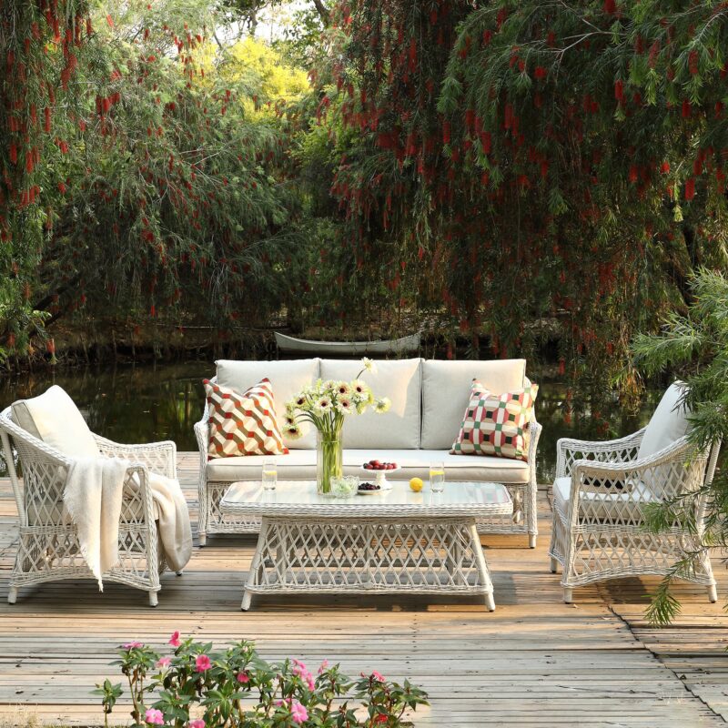 Willowbrook Lattice Weave Rattan 5-Seater Sofa Set with Rising Table, White - Image 4