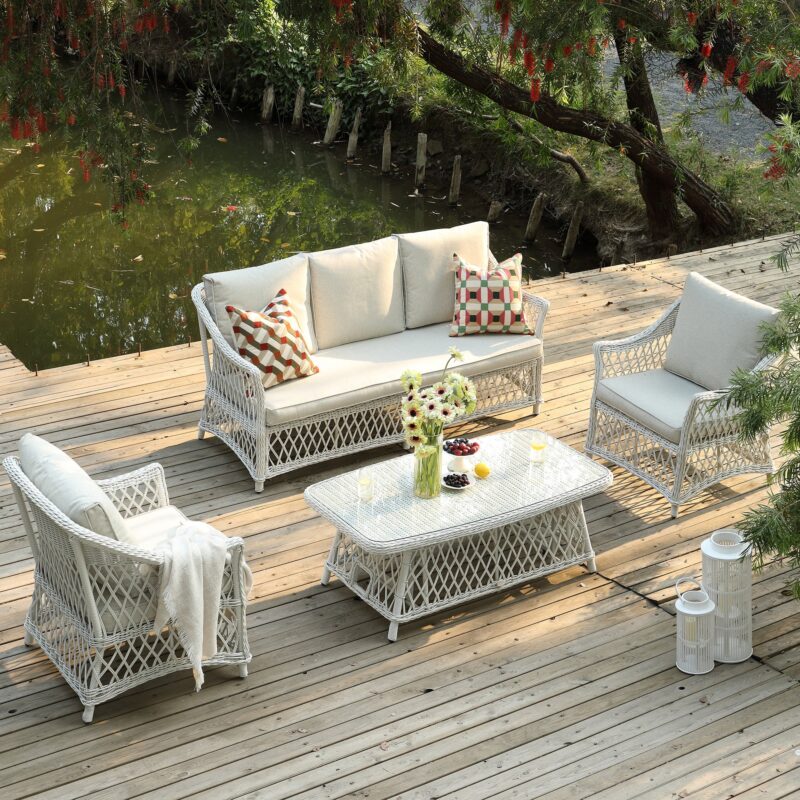 Willowbrook Lattice Weave Rattan 5-Seater Sofa Set with Rising Table, White - Image 5